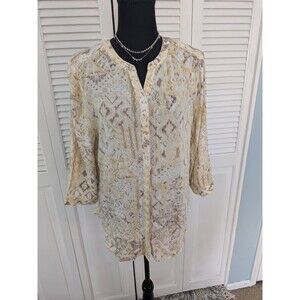 Chico's Top Women's M/1 Yellow Beige Aztec Style Button Up Shirt Artsy Southwest